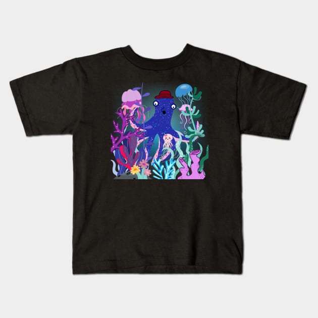 The Story of the Sea,octopus, jellyfish, coral reefs, seaweed Kids T-Shirt by zzzozzo